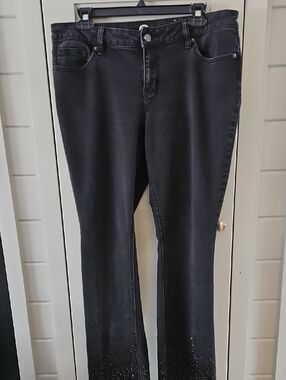 Black Boot Cut Jeans Bling Hem Embellishment Sz 12 With Stretch W17 R10 I30